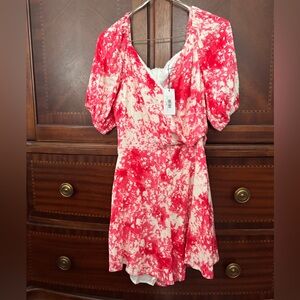 Sugarlips Red & Cream Tie-Dye Puff Sleeve Mini Dress